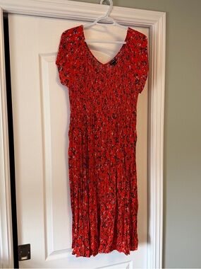 Orange/Red (coral) Floral Short-Sleeve Midi Dress